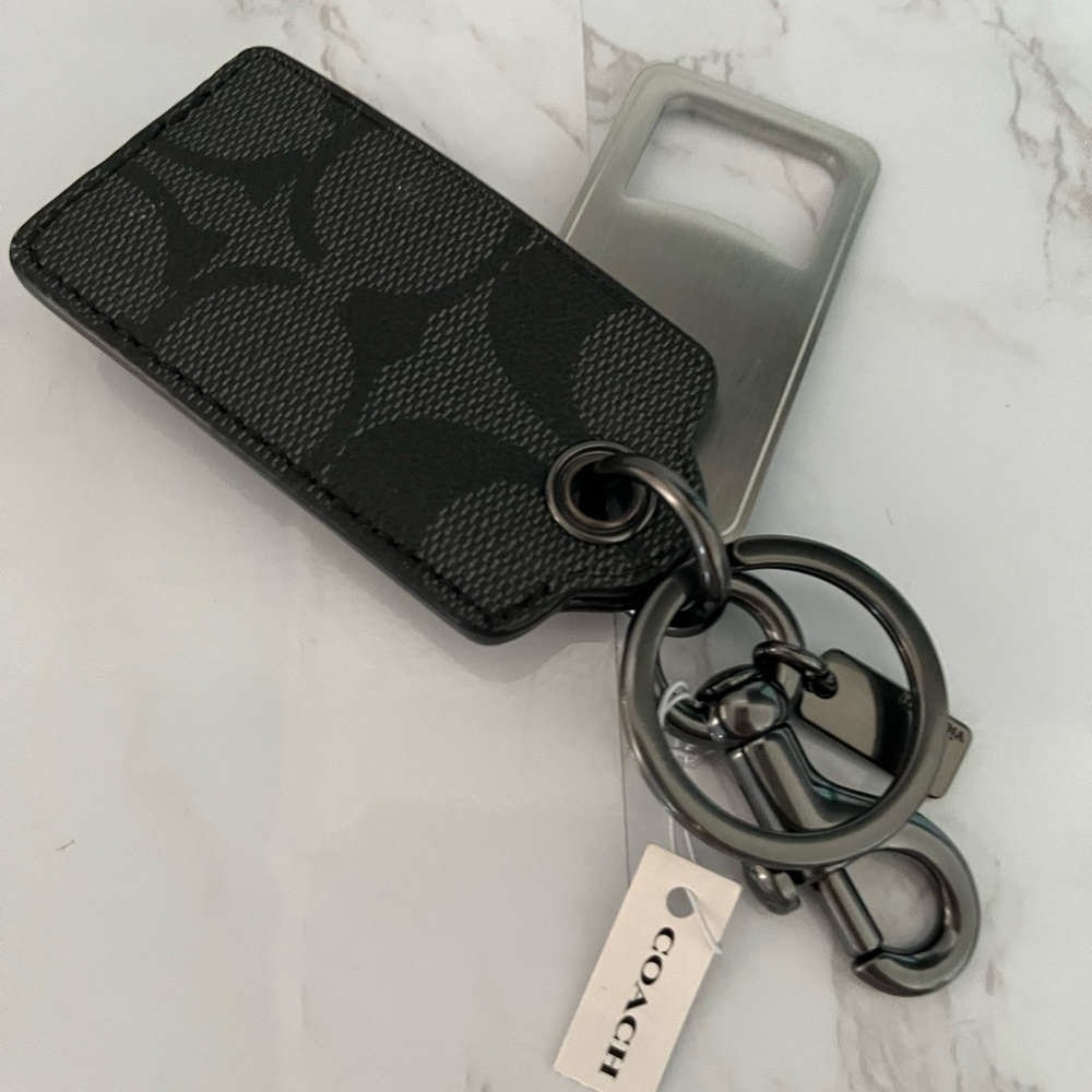 Coach Black and Silver Keychain with Opener